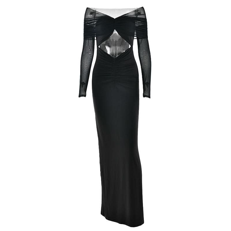 Long sleeve hollow out ruched mesh cut out maxi dress  | Festival Outfits Women