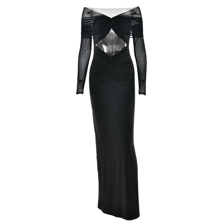 Long sleeve hollow out ruched mesh cut out maxi dress  | Festival Outfits Women
