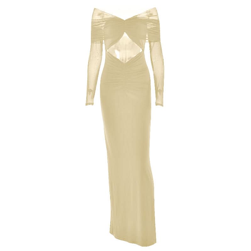 Long sleeve hollow out ruched mesh cut out maxi dress  | Festival Outfits Women