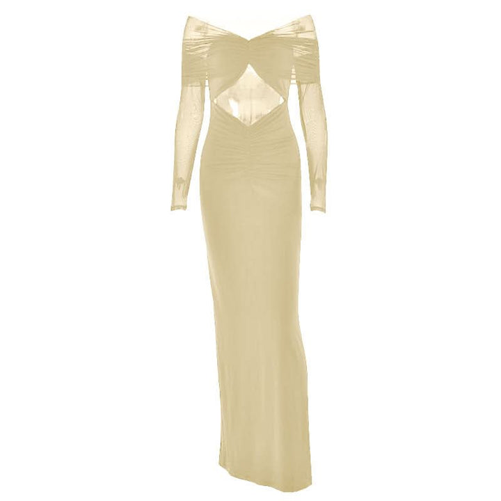 Long sleeve hollow out ruched mesh cut out maxi dress  | Festival Outfits Women