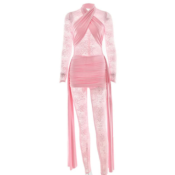 Long sleeve ruched lace patchwork jumpsuit  | Festival Outfits Women