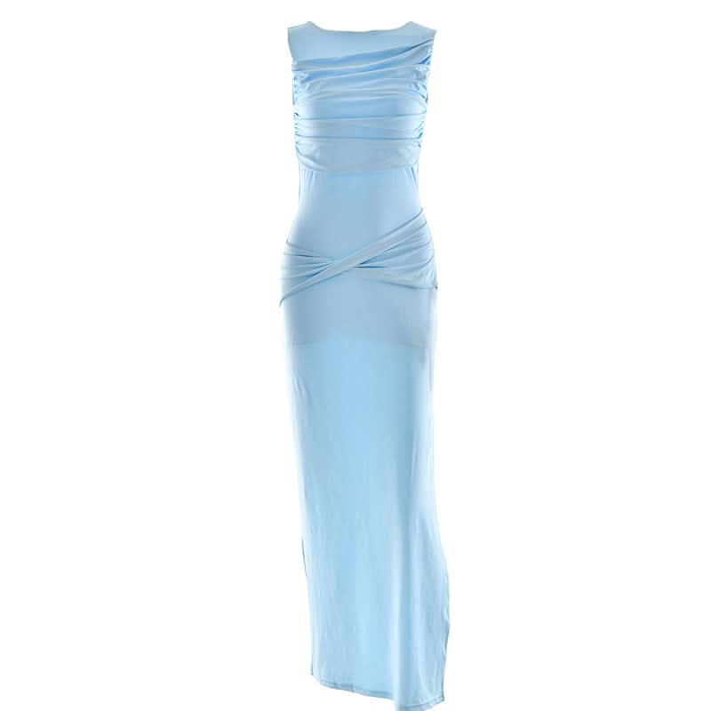 Ruched sleeveless hollow out button slit cut out maxi dress  | Festival Outfits Women