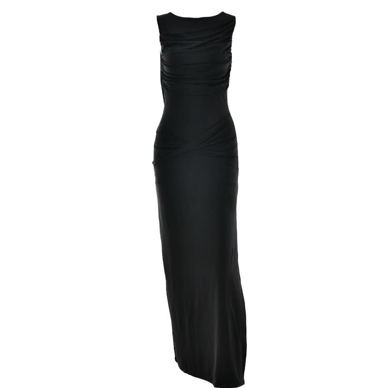 Ruched sleeveless hollow out button slit cut out maxi dress  | Festival Outfits Women