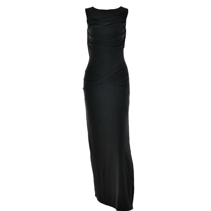 Ruched sleeveless hollow out button slit cut out maxi dress  | Festival Outfits Women