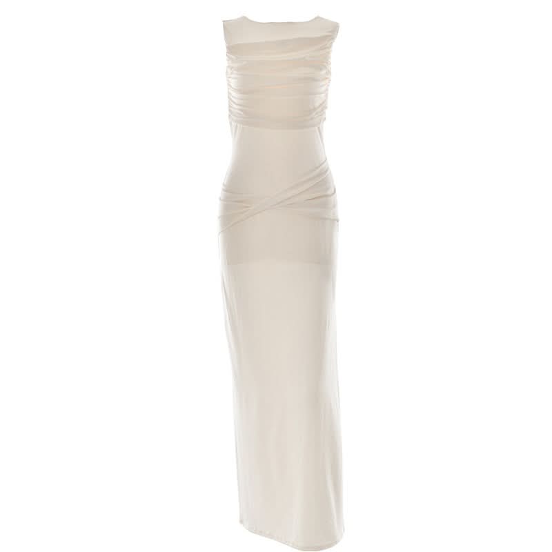 Ruched sleeveless hollow out button slit cut out maxi dress  | Festival Outfits Women