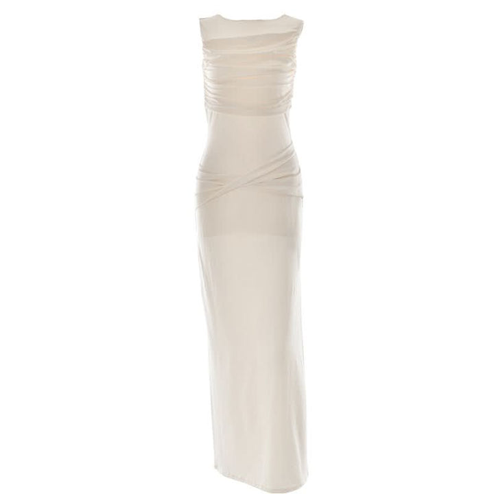 Ruched sleeveless hollow out button slit cut out maxi dress  | Festival Outfits Women