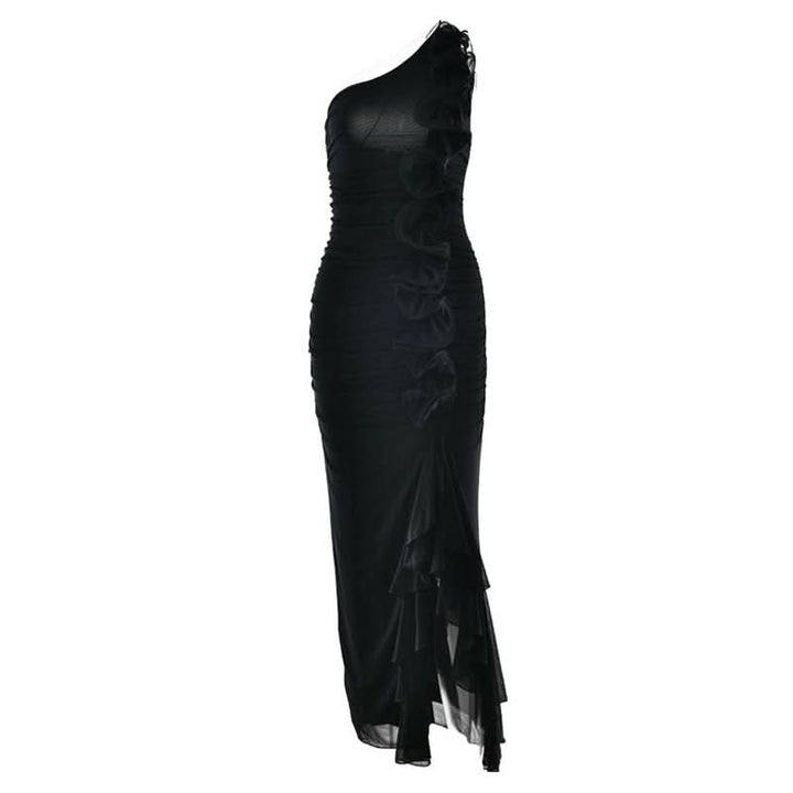 One shoulder ruffle slit mesh maxi dress  | Festival Outfits Women