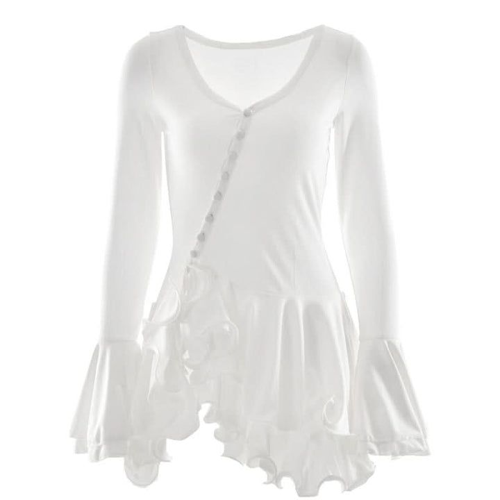 Long flared sleeve ruffle button mini dress  | Festival Outfits Women