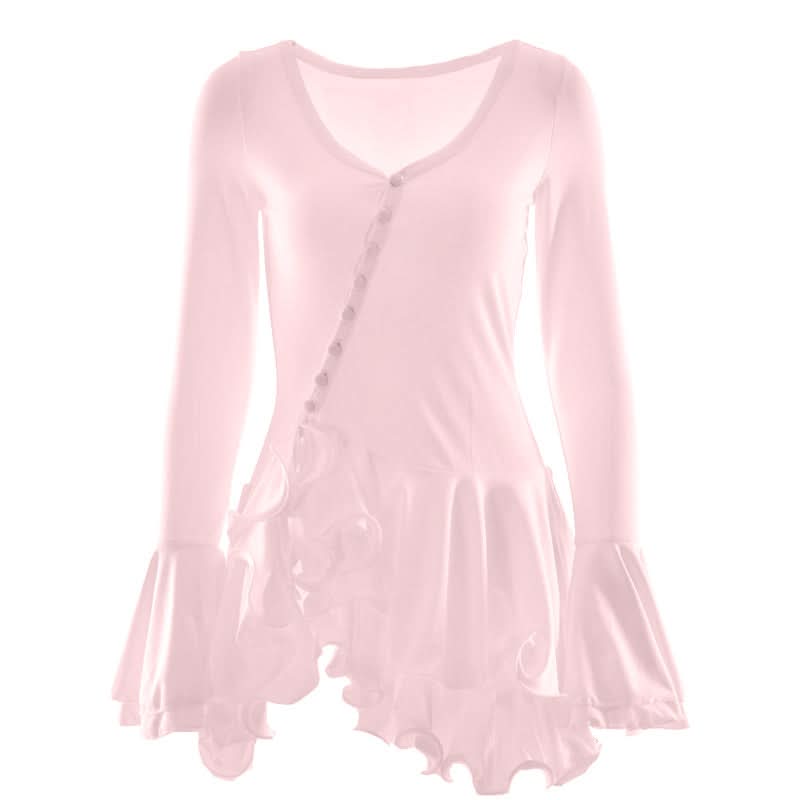 Long flared sleeve ruffle button mini dress  | Festival Outfits Women