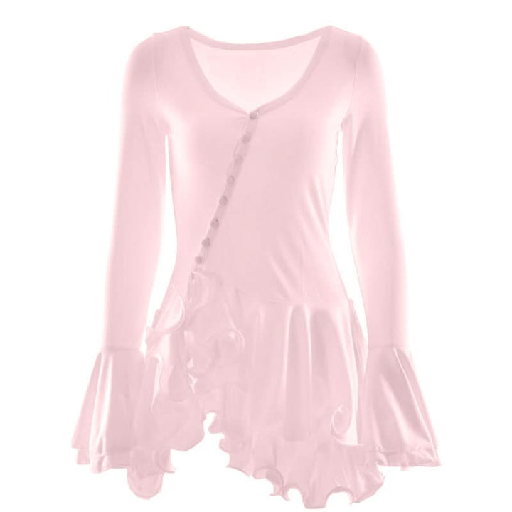 Long flared sleeve ruffle button mini dress  | Festival Outfits Women