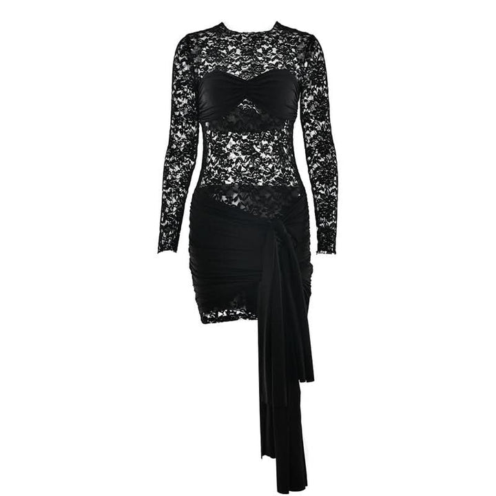 Long sleeve ruched lace knotted mini dress  | Festival Outfits Women