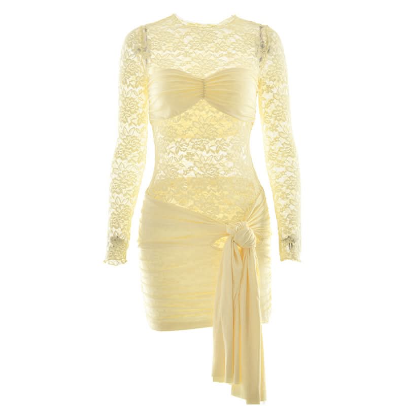 Long sleeve ruched lace knotted mini dress  | Festival Outfits Women
