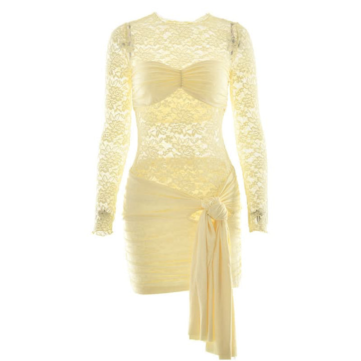 Long sleeve ruched lace knotted mini dress  | Festival Outfits Women