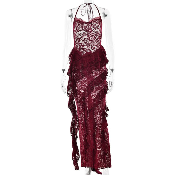 Halter lace ruffle backless maxi dress  | Festival Outfits Women