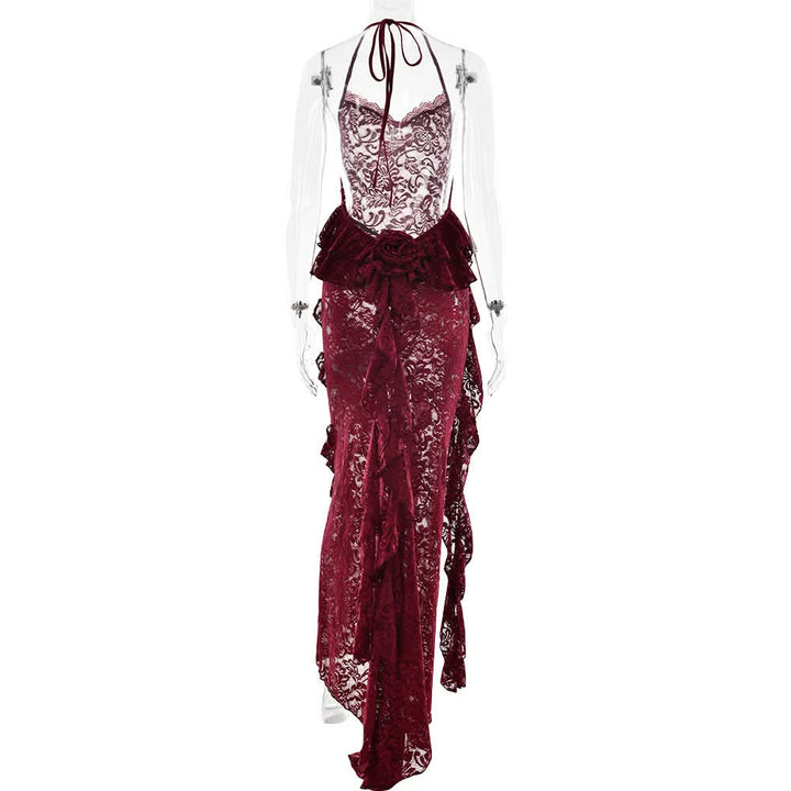 Halter lace ruffle backless maxi dress  | Festival Outfits Women