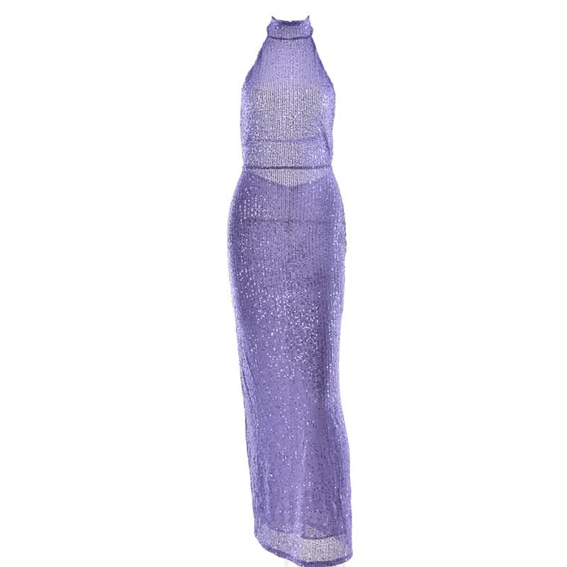 Glitter backless halter slit maxi dress  | Festival Outfits Women