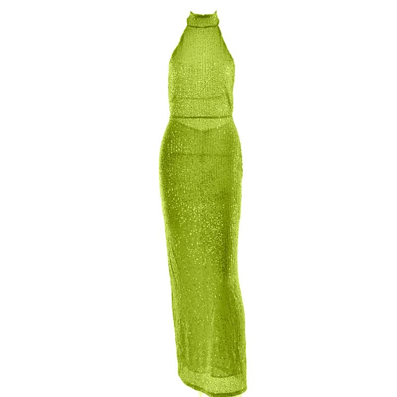 Glitter backless halter slit maxi dress  | Festival Outfits Women