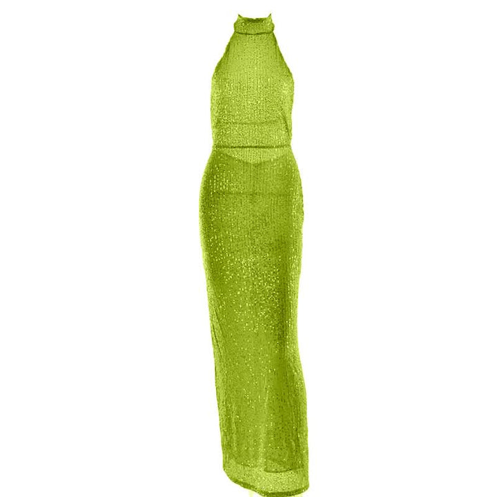 Glitter backless halter slit maxi dress  | Festival Outfits Women