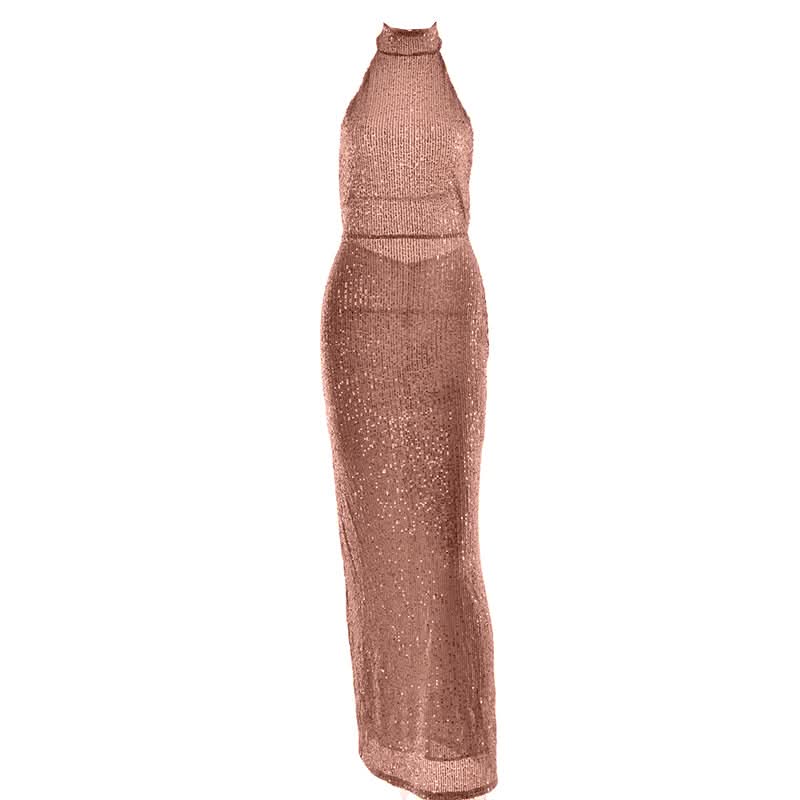 Glitter backless halter slit maxi dress  | Festival Outfits Women