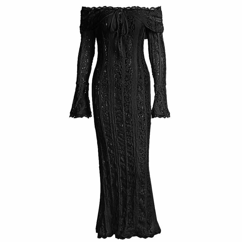 Long flared sleeve off shoulder lace self tie maxi dress  | Festival Outfits Women