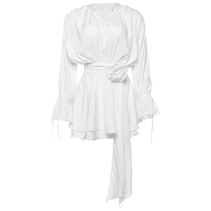 Long flared sleeve flower applique ruched ruffle mini dress  | Festival Outfits Women