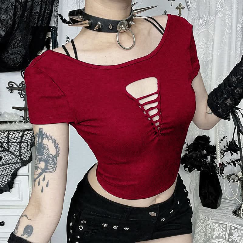 Hollow out short sleeve round neck solid cut out top  | Festival Outfits Women