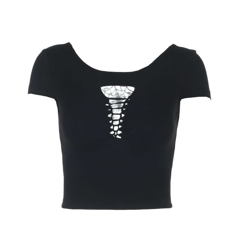 Hollow out short sleeve round neck solid cut out top  | Festival Outfits Women