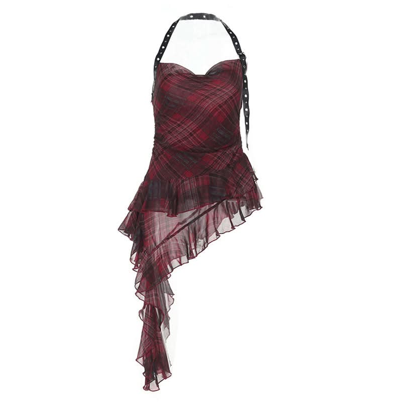 Plaid irregular halter ruffle buckle cowl neck top  | Festival Outfits Women-final-sale