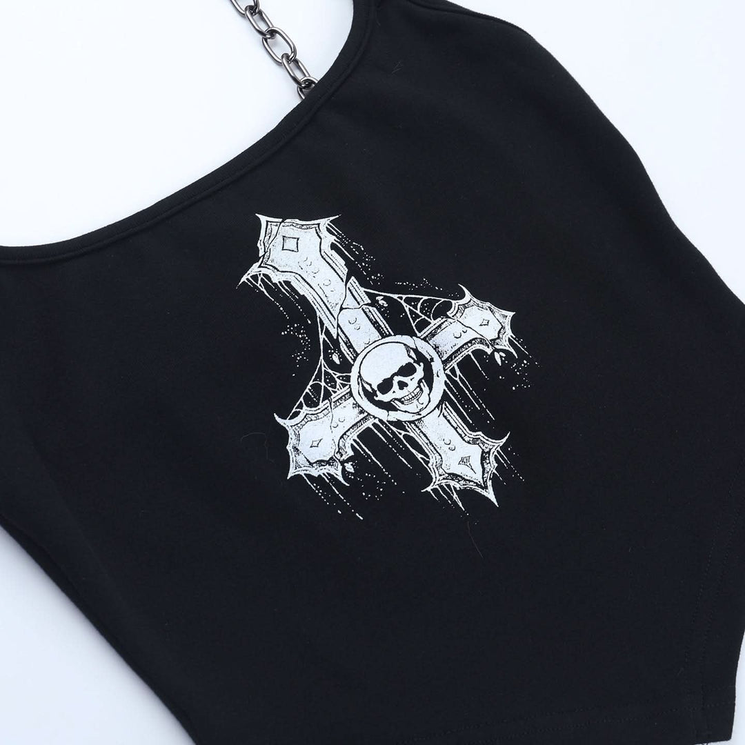 Metal chain halter u neck cross pattern top  | Festival Outfits Women-final-sale