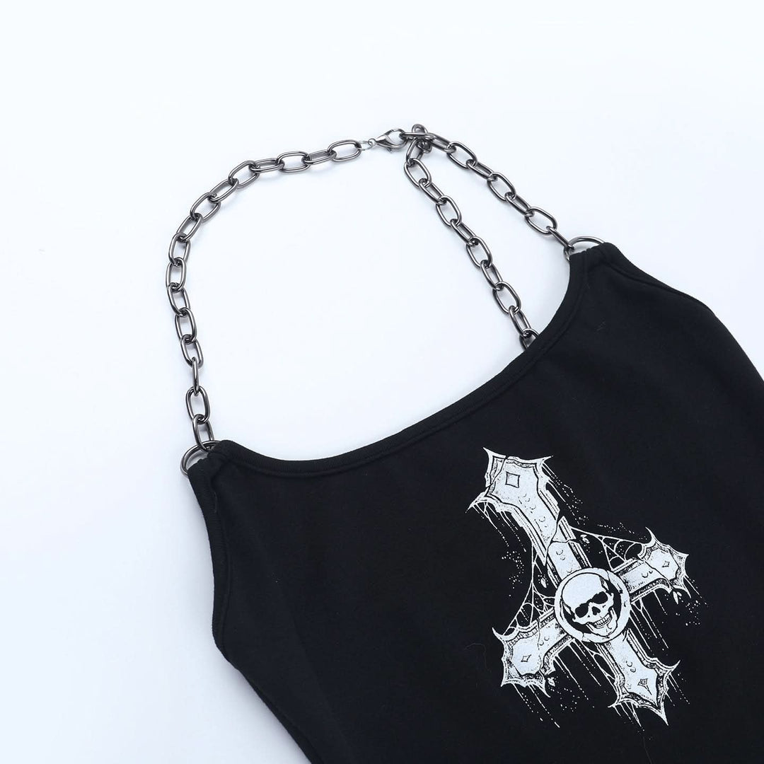 Metal chain halter u neck cross pattern top  | Festival Outfits Women-final-sale