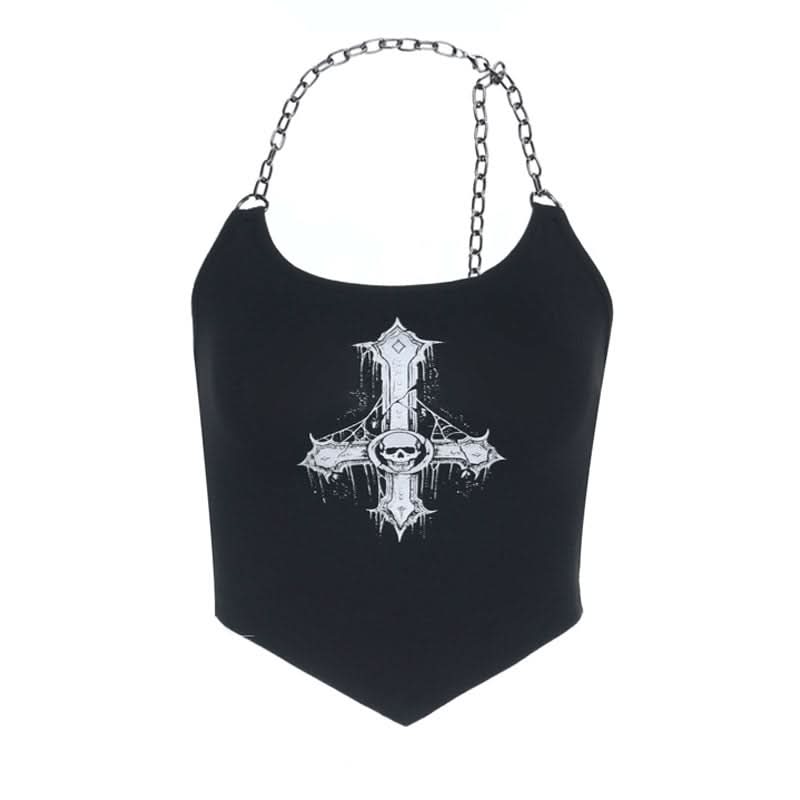Metal chain halter u neck cross pattern top  | Festival Outfits Women-final-sale
