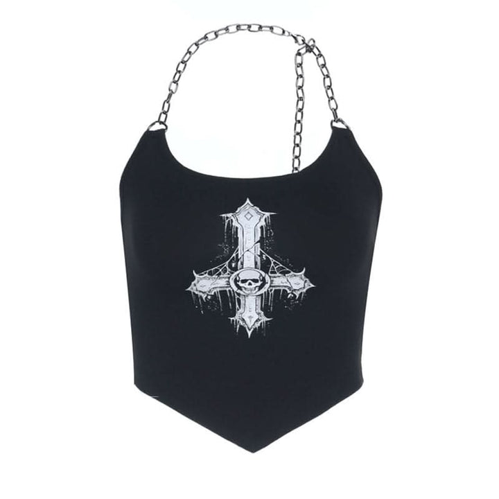 Metal chain halter u neck cross pattern top  | Festival Outfits Women-final-sale