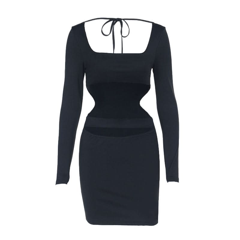 Long sleeve hollow out square neck self tie cut out mini dress  | Festival Outfits Women-final-sale