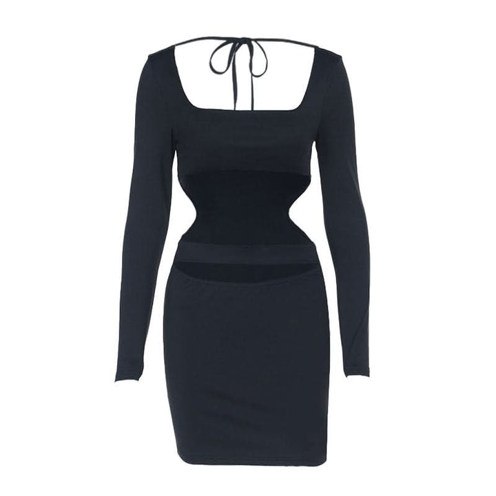 Long sleeve hollow out square neck self tie cut out mini dress  | Festival Outfits Women-final-sale