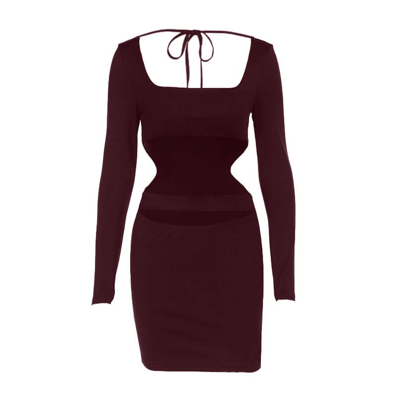 Long sleeve hollow out square neck self tie cut out mini dress  | Festival Outfits Women-final-sale