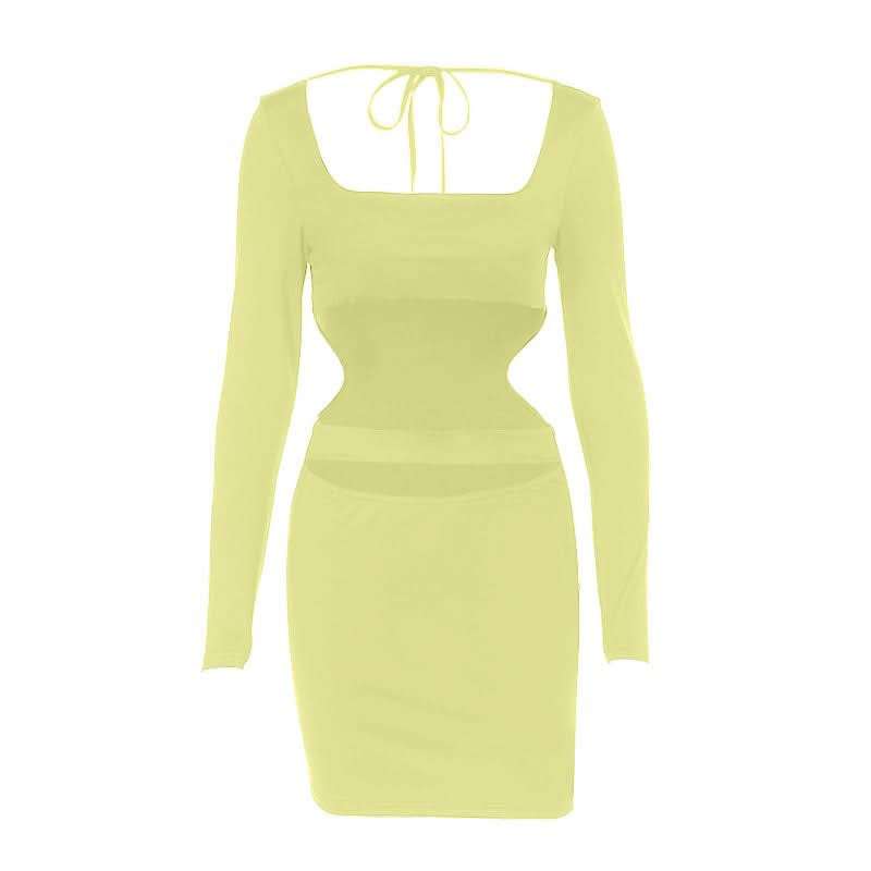 Long sleeve hollow out square neck self tie cut out mini dress  | Festival Outfits Women-final-sale