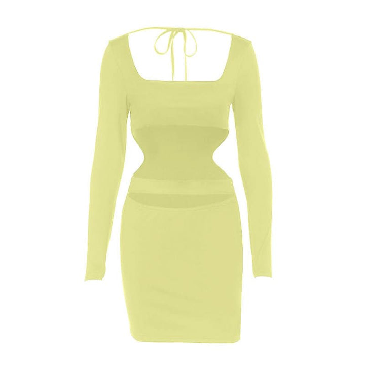 Long sleeve hollow out square neck self tie cut out mini dress  | Festival Outfits Women-final-sale
