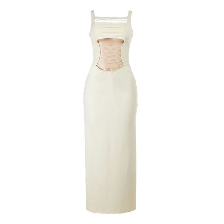 Hollow out square neck lace up cami cut out maxi dress  | Festival Outfits Women
