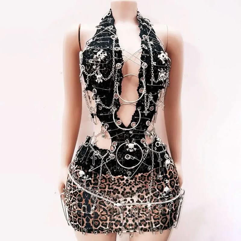 Leopard print halter hollow out skull applique cut out mini dress  | Festival Outfits Women  | Leopard Print Mini Dress