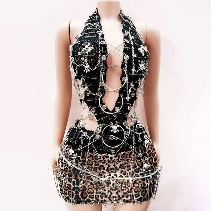 Leopard print halter hollow out skull applique cut out mini dress  | Festival Outfits Women  | Leopard Print Mini Dress