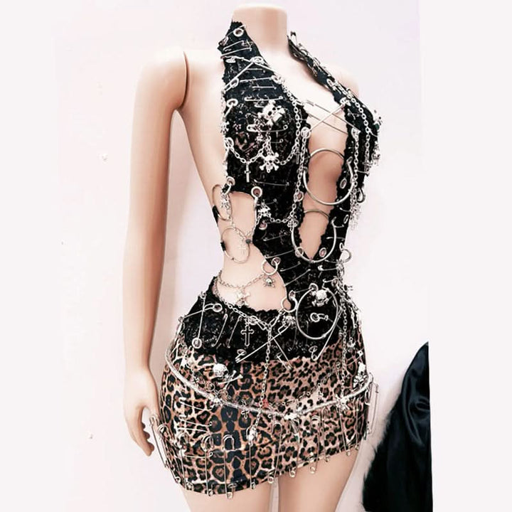 Leopard print halter hollow out skull applique cut out mini dress  | Festival Outfits Women  | Leopard Print Mini Dress