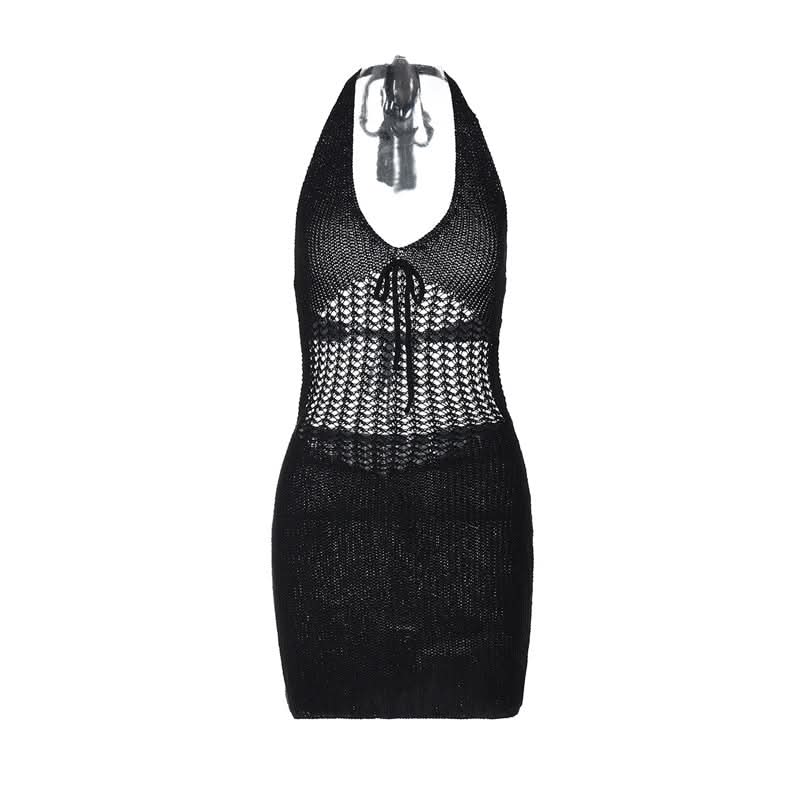 Halter hollow out self tie backless cut out mini dress  | Festival Outfits Women