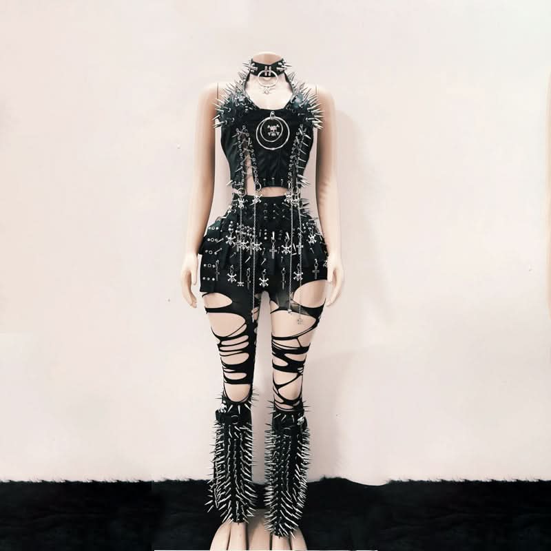 Rivet halter PU leather skull applique leg warmer top  | Festival Outfits Women