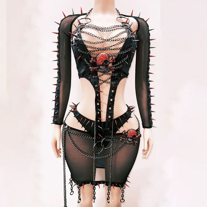 Long sleeve rivet metal chain skull applique o ring top  | Festival Outfits Women