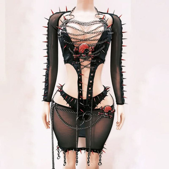 Long sleeve rivet metal chain skull applique o ring top  | Festival Outfits Women