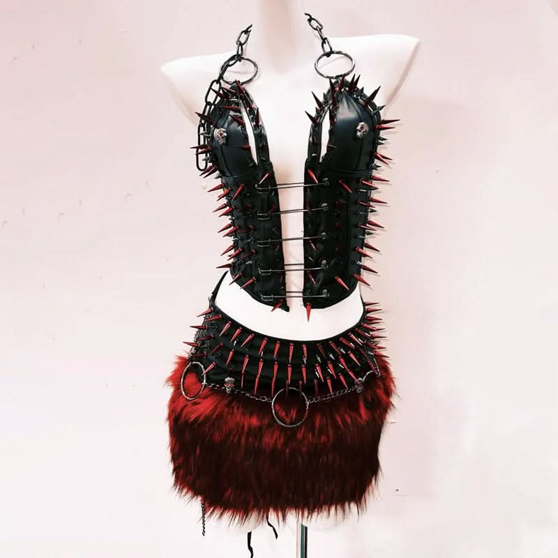 Halter o ring rivet fluffy PU leather top  | Festival Outfits Women