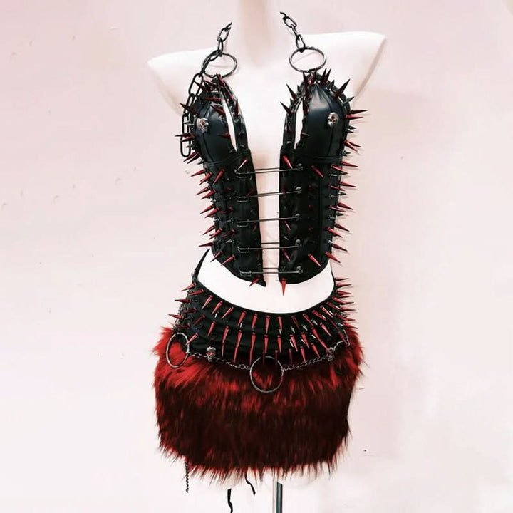 Halter o ring rivet fluffy PU leather top  | Festival Outfits Women
