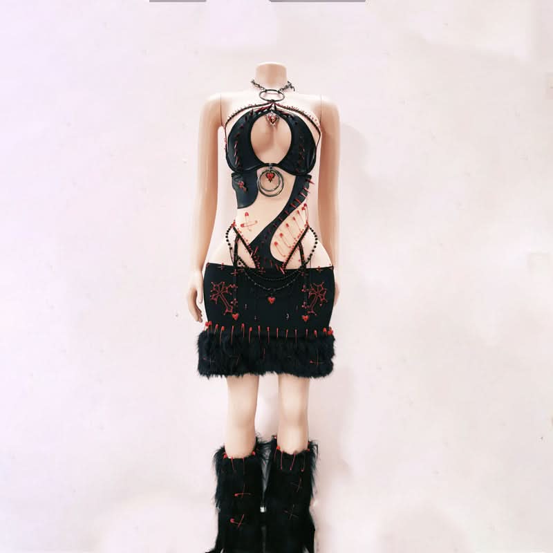 Halter hollow out beaded sweetheart applique mini skirt set  | Festival Outfits Women