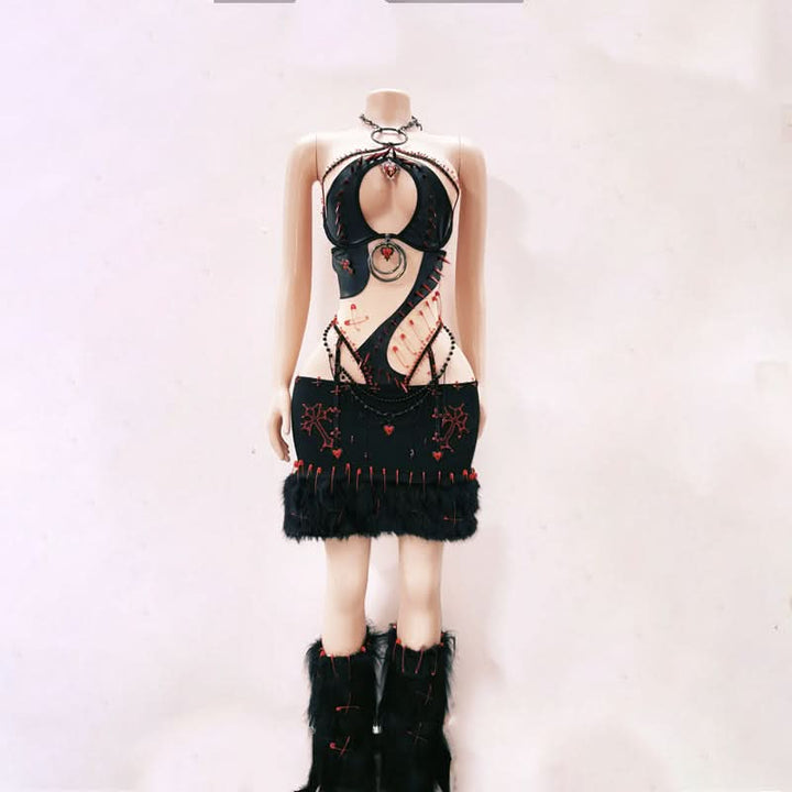 Halter hollow out beaded sweetheart applique mini skirt set  | Festival Outfits Women