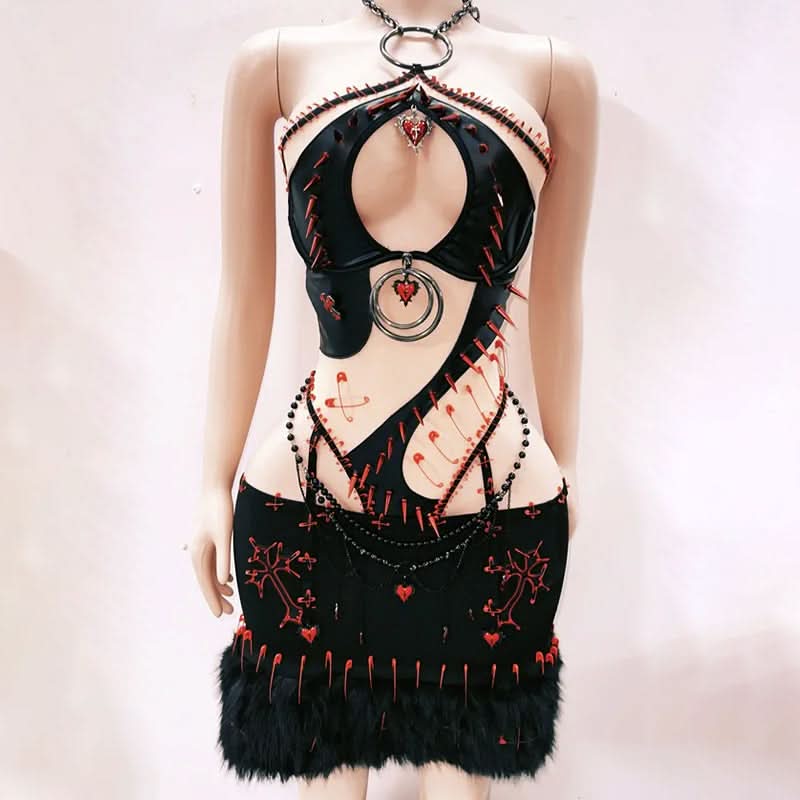 Halter hollow out beaded sweetheart applique mini skirt set  | Festival Outfits Women